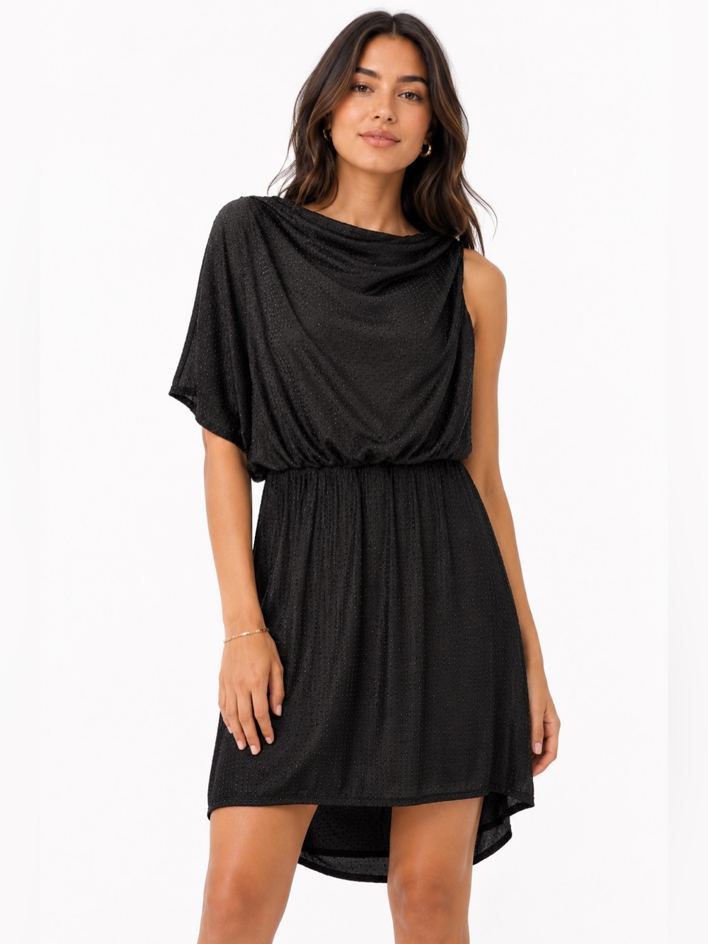 🔹Jessica Simpson Size 4 Textured One Shoulder‎ Drape Black HiLow Dress
